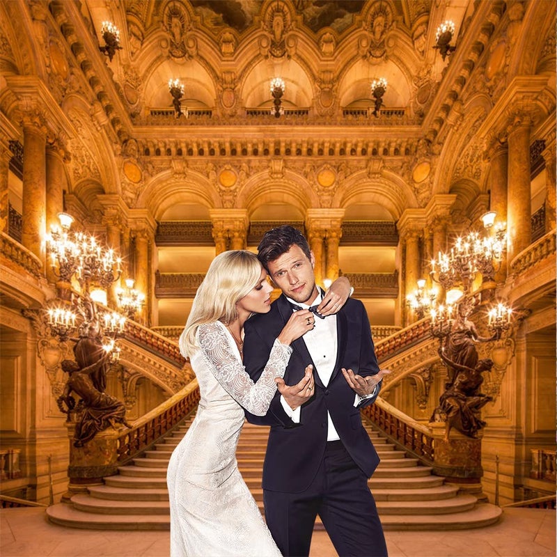 Renaiss 8x8ft Gold Luxurious Palace Backdrop for Photography European Old Church Golden Castle Royal Interior Chandelier Staircase Background Wedding Anniversary Party Banner Photo Booth Props - Image 3